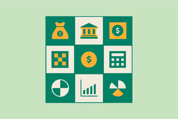 Finance and Banking Icon Set Featuring Monetary Symbols, Investment Graphics, and Financial Transaction Elements for Business Apps