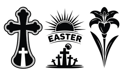Easter silhouette religious symbols cross sunrise lily icons vector