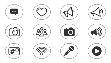 Social Media and Communication Vector Icon Set for Online Networking, Digital Content Sharing, and Global Messaging Designs