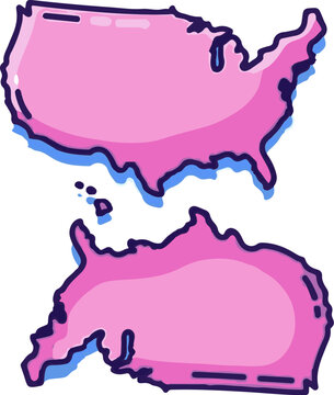 Two hand-drawn pink outlines of the contiguous United States and Hawaii