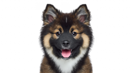 Fluffy puppy brown fur black face white chest happy expression pointed ears young dog isolated adorable pet portrait. Fluffy puppy with brown fur black face and white chest showing happy