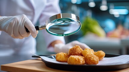 Chef Inspecting Crispy Fried Snacks with Magnifying Glass in Modern Kitchen Setting