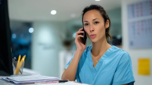 a female medical receptionist in light blue scrubs working at a clinic front desk, answering a smartphone call while using the computer 