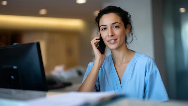 a Latina female nurse age 25-35 in light blue medical scrubs sitting at a clinic front desk, answering a smartphone call while looking