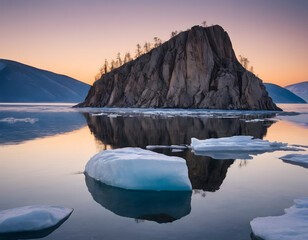 Ogoy Island on Lake Baikal in winter - A granite rock with steep slopes rises above a frozen lake with a reflection on the ice in the morning with a full moon. A sunset over the lake.