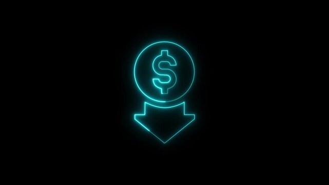 Neon cost reduction icon animation. Dollar down icon. Low price dollar concept. Cash with down arrow stocks graph, concept of financial crisis, market fall. Abstract neon glowing reduce-cost icon .
