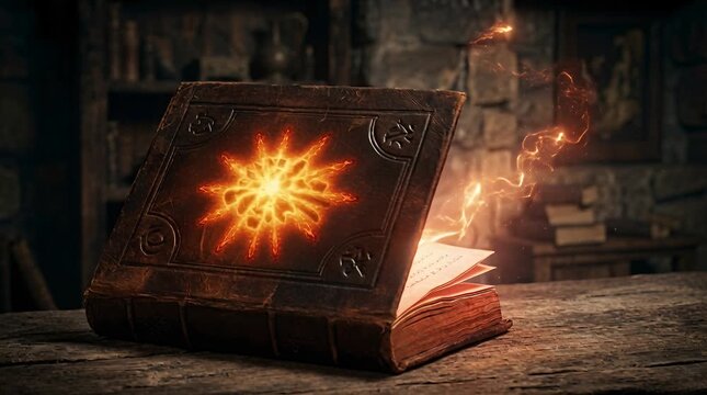 Ancient spellbook with glowing energy and magical sparks on a wooden table, fantasy book effect, open, magic.