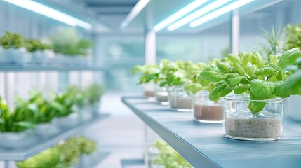 Modern Hydroponic Garden with Fresh Green Plants Growing in Glass Containers Under Bright LED Lighting