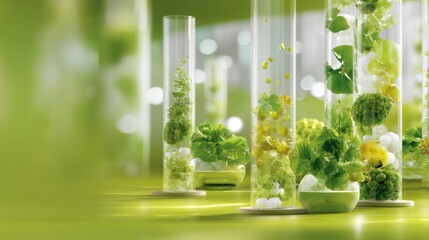 Modern laboratory with vivid green plants in glass containers and vibrant light creating a fresh and lively atmosphere