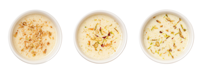 Top View of Delicious Indian Desserts in Bowls with Nuts and Spices on Transparent Background