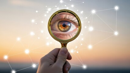 Hand holds a magnifying glass revealing a detailed human eye, set against a glowing network background.