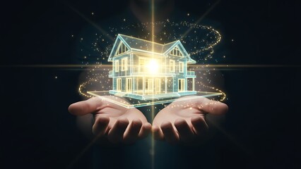 Hands holding glowing house model.