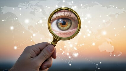 Human hand holds a magnifying glass revealing a detailed eye, superimposed over a connected global network map.
