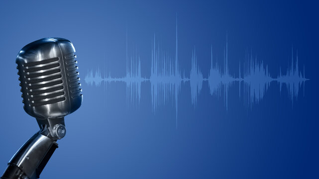 podcast microphone with audio waveform for banner background with copy space