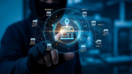 Man interacting with futuristic digital interface.