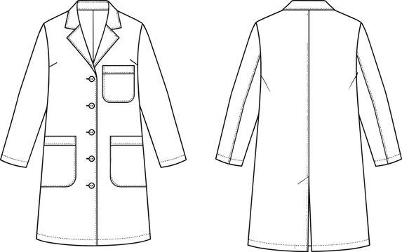 Flat vector technical fashion sketch of a professional medical lab coat featuring front and back view design details