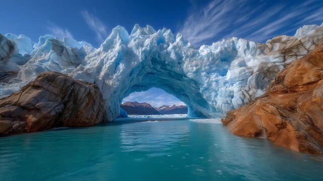 the Perito Moreno glacier showing a massive natural ice arch bridge of ice extending over turquoise glacial water 