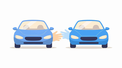 Obraz premium Two blue cars face each other with hands reaching out between them
