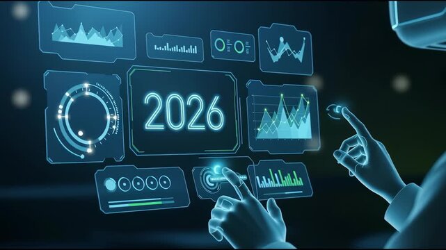 Interactive interface with futuristic digital display showing 2026