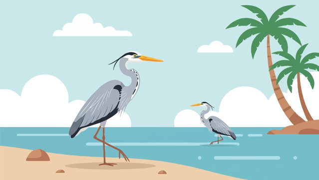 Two elegant herons stand on a sandy beach with palm trees
