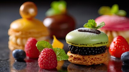Colorful Macarons and Fresh Berries on Dark Background with Mint Garnish for Culinary and Dessert Photography