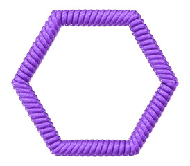 Glossy twisted purple hexagonal frame structure on an abstract futuristic violet and black striped background 3D rendering.