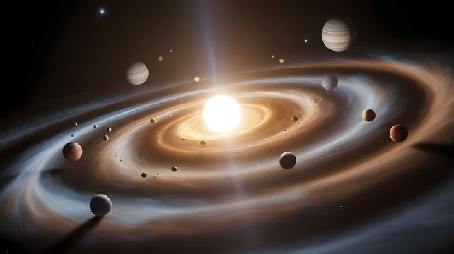 A vibrant illustration depicting a star and planetary system with swirling dust and orbiting planets