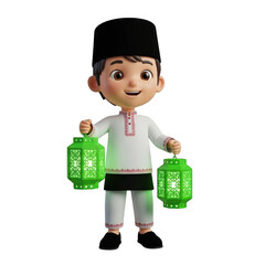 Boy holding green lanterns isolated on transparent background