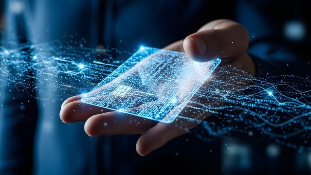 Virtual holographic credit card held in a human hand. Digital payment systems and fintech innovation. Person using a transparent glowing bank card for online shopping