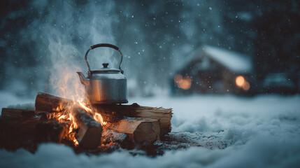 Preparing hot drinks on camping trip