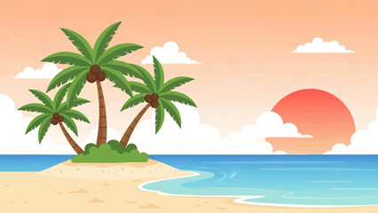 Obraz premium Tropical beach scene with palm trees and a sunset over the ocean