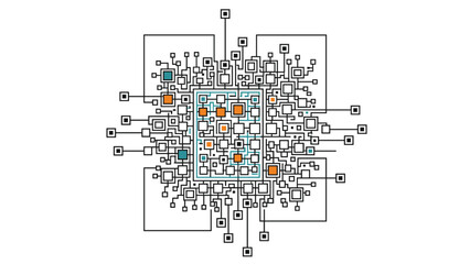 Fototapeta premium Abstract digital illustration of a complex electronic circuit board with various connections, nodes, and colored square components.