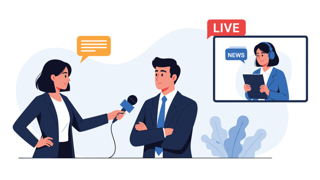 Female news reporter holding a microphone and interviewing a man in a suit while another reporter appears on a screen in the background.