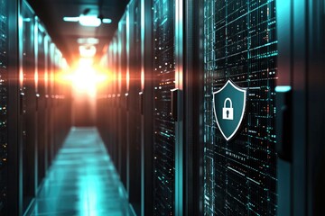 Secure IT data center corridor with protected server racks and cybersecurity shield symbol, perfect for cloud computing security, enterprise data protection, and digital infrastructure concepts