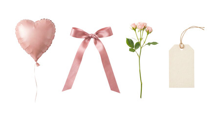 PNG image of&nbsp;Delicate pink heart balloon, satin bow, small rose stem, and blank craft gift tag collection on transparent background