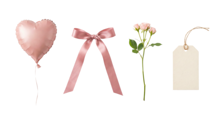 PNG image of Delicate pink heart balloon, satin bow, small rose stem, and blank craft gift tag collection on transparent background