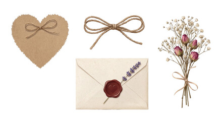 PNG image of Vintage romantic stationery elements including a heart tag, twine bow, sealed envelope, lavender sprig, and dried flower bouquet on transparent background