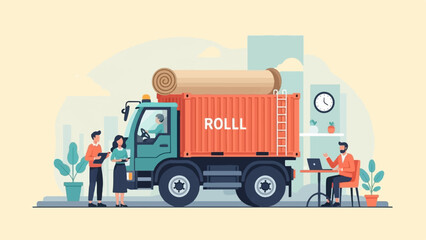 Truck transporting rolled goods with team members coordinating delivery
