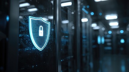 Secure IT data center corridor with glowing cybersecurity shield on server cabinet, perfect for cloud security visuals, enterprise data protection concepts, and digital infrastructure use