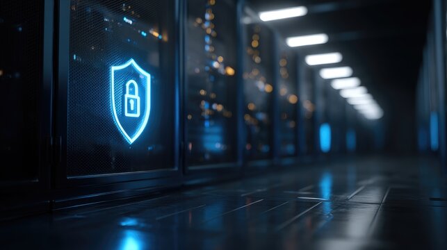 Secure IT data center corridor with protected server cabinets and glowing cybersecurity shield icon, perfect for cloud computing security concepts, enterprise data protection - Powered by Adobe