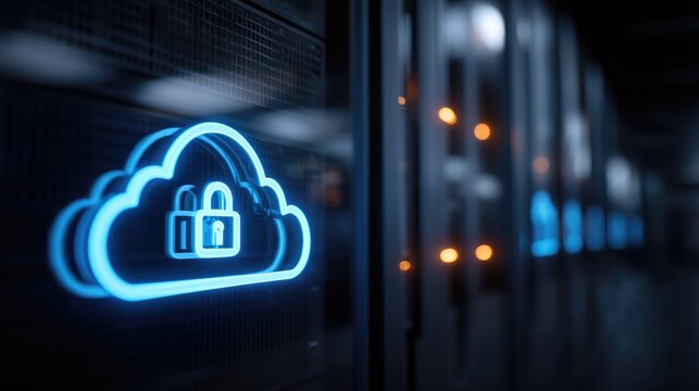 Secure cloud computing environment inside IT data center with protected server racks and glowing lock cloud symbol, perfect for enterprise cybersecurity, data protection - Powered by Adobe