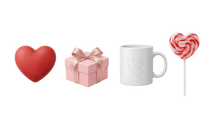 PNG image of romantic valentine's day gifts including a heart, present, mug, and striped candy on transparent background