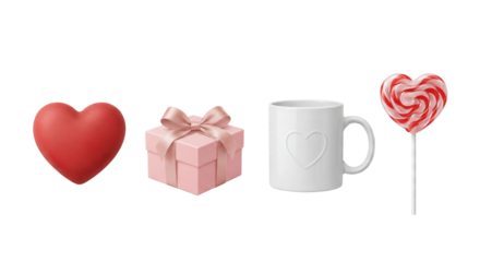 PNG image of romantic valentine's day gifts including a heart, present, mug, and striped candy on transparent background