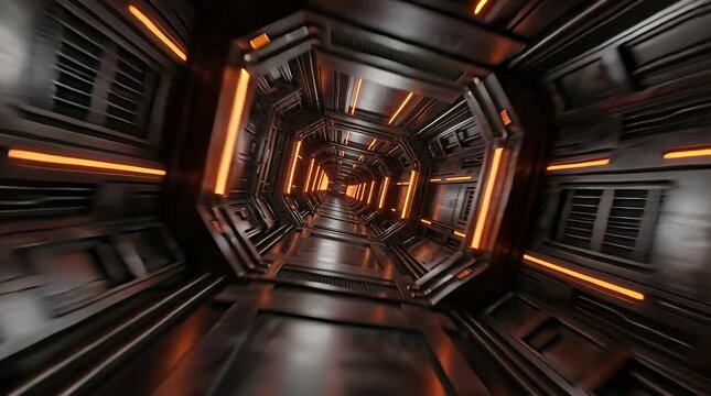 Futuristic sci fi corridor tunnel speed motion graphic, cinematic space station loop sci fi, graphic, travel.