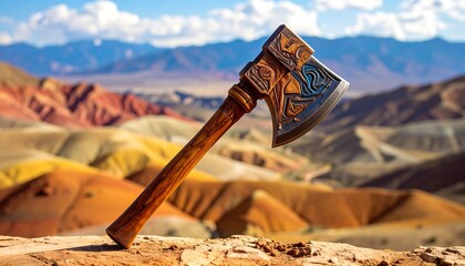 A close-up view of a detailed ax with carvings and patterns, set against a backdrop of a colorful, mountainous landscape