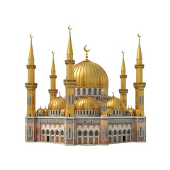 Golden mosque with multiple minarets isolated on transparent background