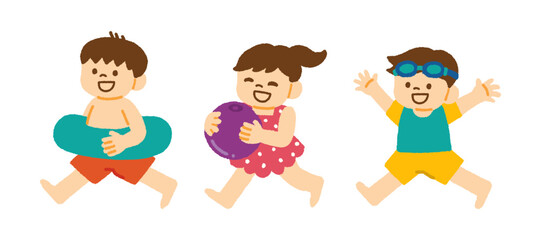 海 子ども 3人組 浮き輪 ビーチボール 水着 イラスト © moffzo