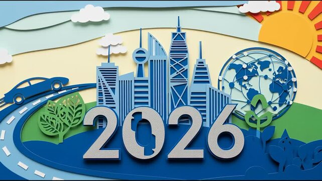 Future cityscape illustration with road car trees globe and sun