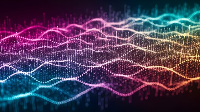 Colorful digital sound wave with frequency particles. Audio visualization and signal processing. Abstract landscape of glowing pink and blue data points moving in rhythmic waves.