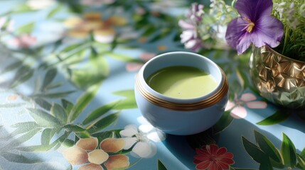 Tranquil Green Tea Ceremony with Floral Background on Sunlit Table